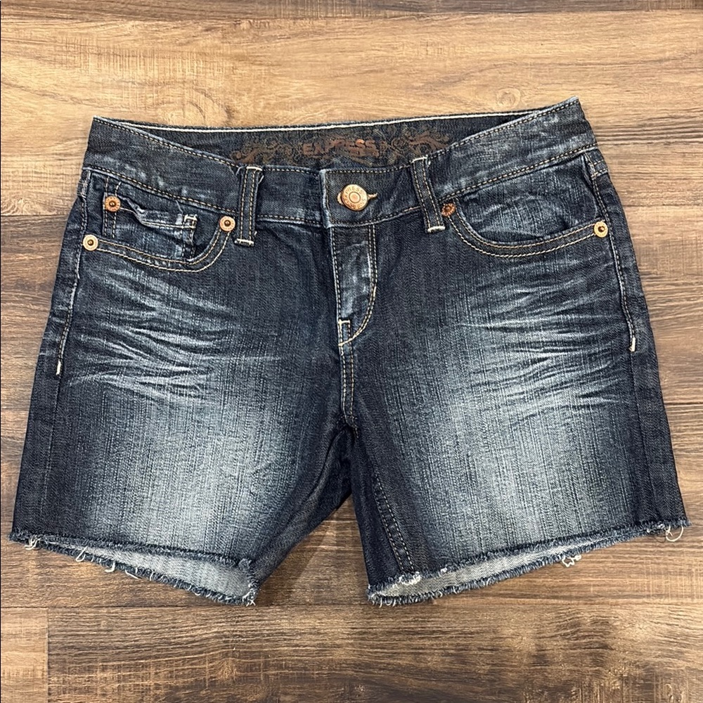 Express Jeans | Size 0 | Blue Women's Denim Whiskered Cutoff Shorts